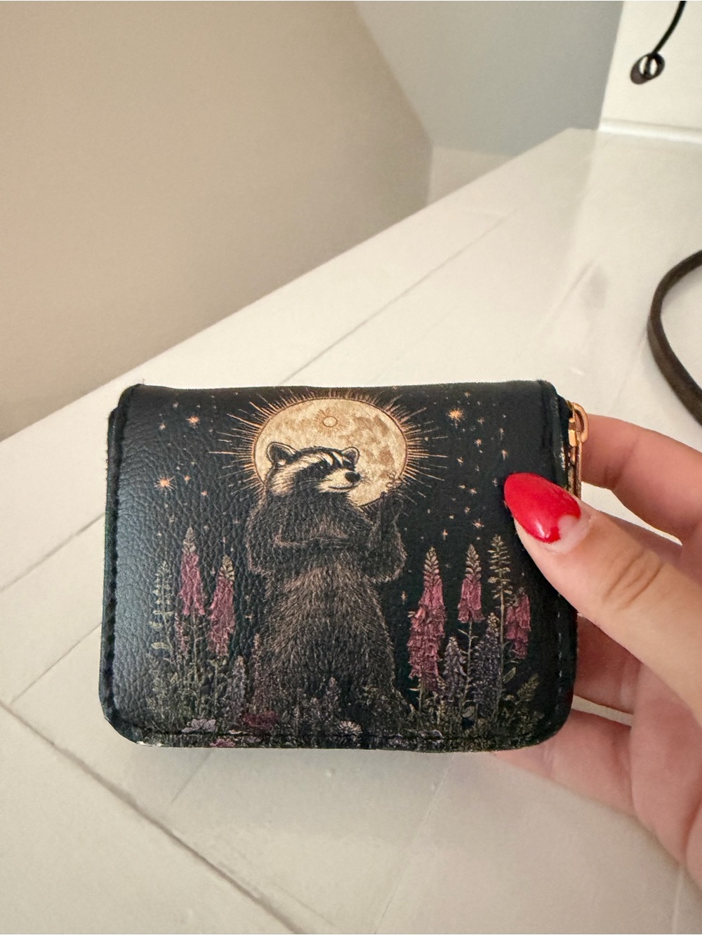 Whimsical Raccoon Leather Zip Wallet